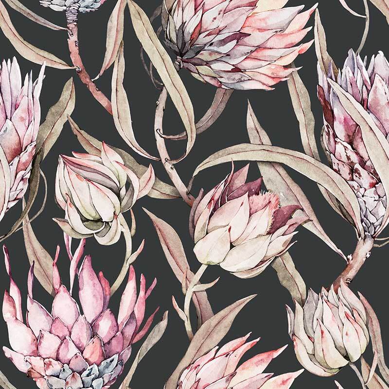 Removable Water-Activated Wallpaper Protea Modern Botanical Floral Dark Grey 