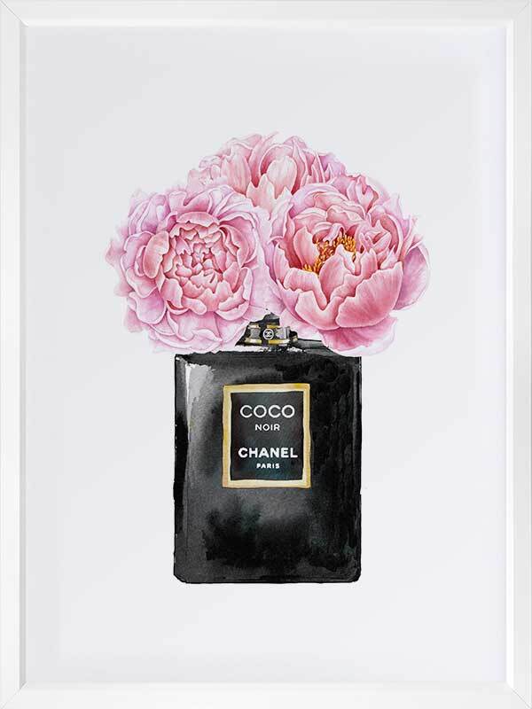 Coco Noir Chanel Paris Perfume With Pink Peonies - Canvas Print Picture -  Size 30 x 40 - Dutch Goat