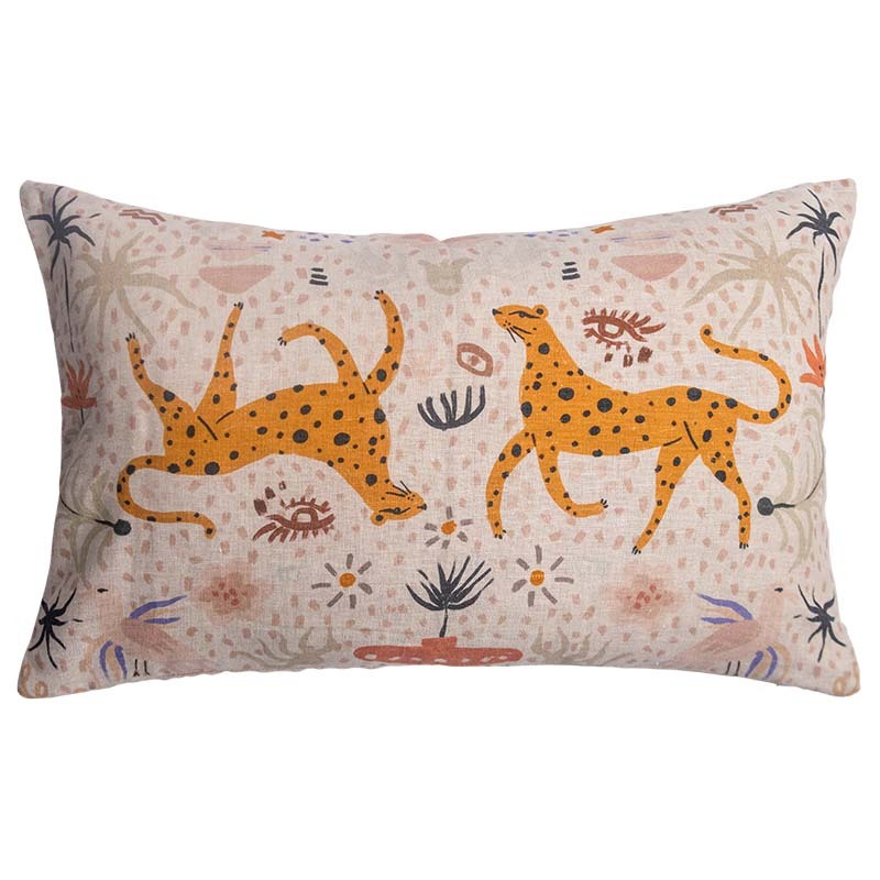 Leaping Leopards Lumbar Linen Cushion - 50x30cm