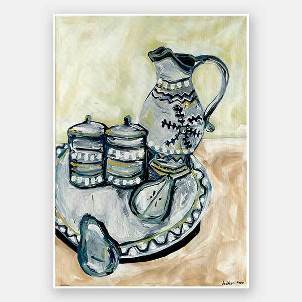 Still Life Tea Party Grey Unframed Art Print